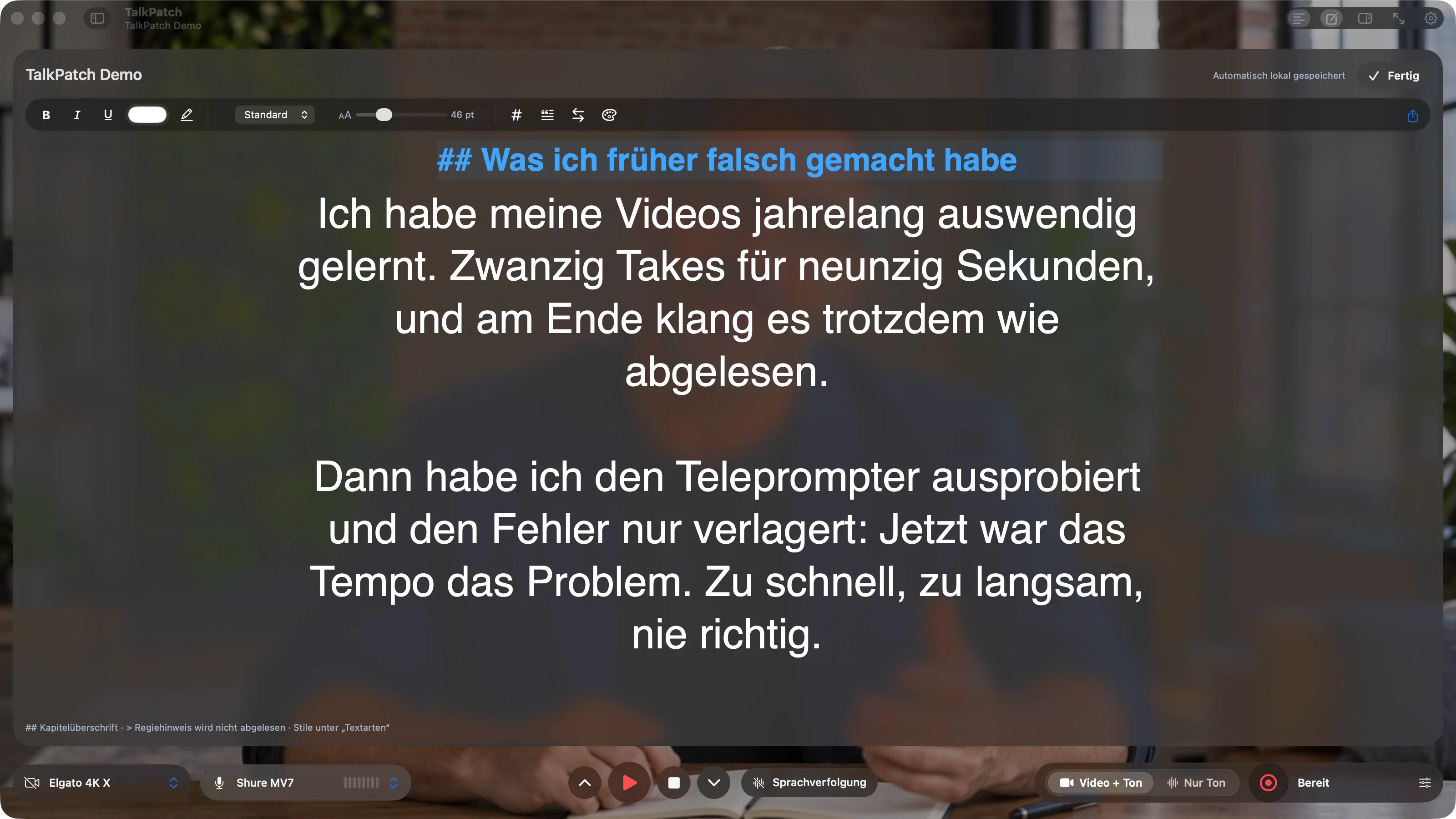 Editor in Lauftext-Optik mit Formatleiste, Kapitelüberschrift und orangem Regiehinweis