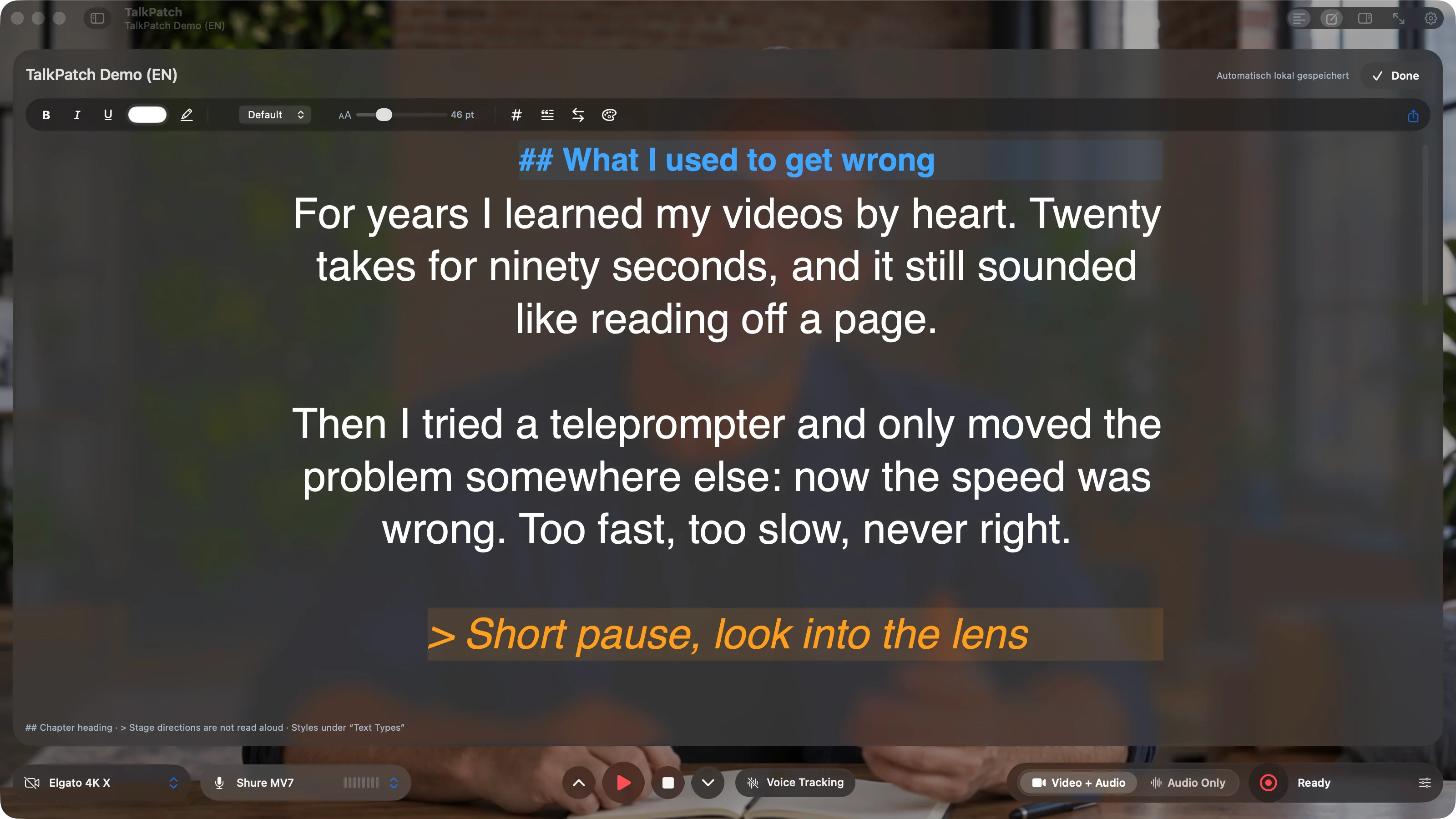Editor in prompter look with format bar, chapter heading and an orange stage direction