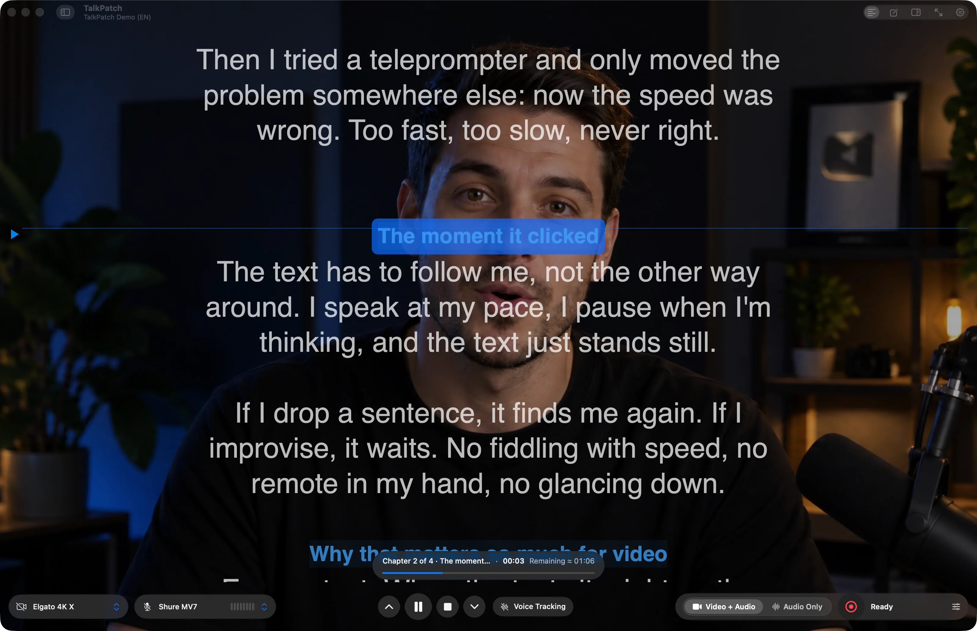 TalkPatch main window: prompter text and reading line over the camera image of a YouTuber, studio bar below with camera, microphone, transport and recording
