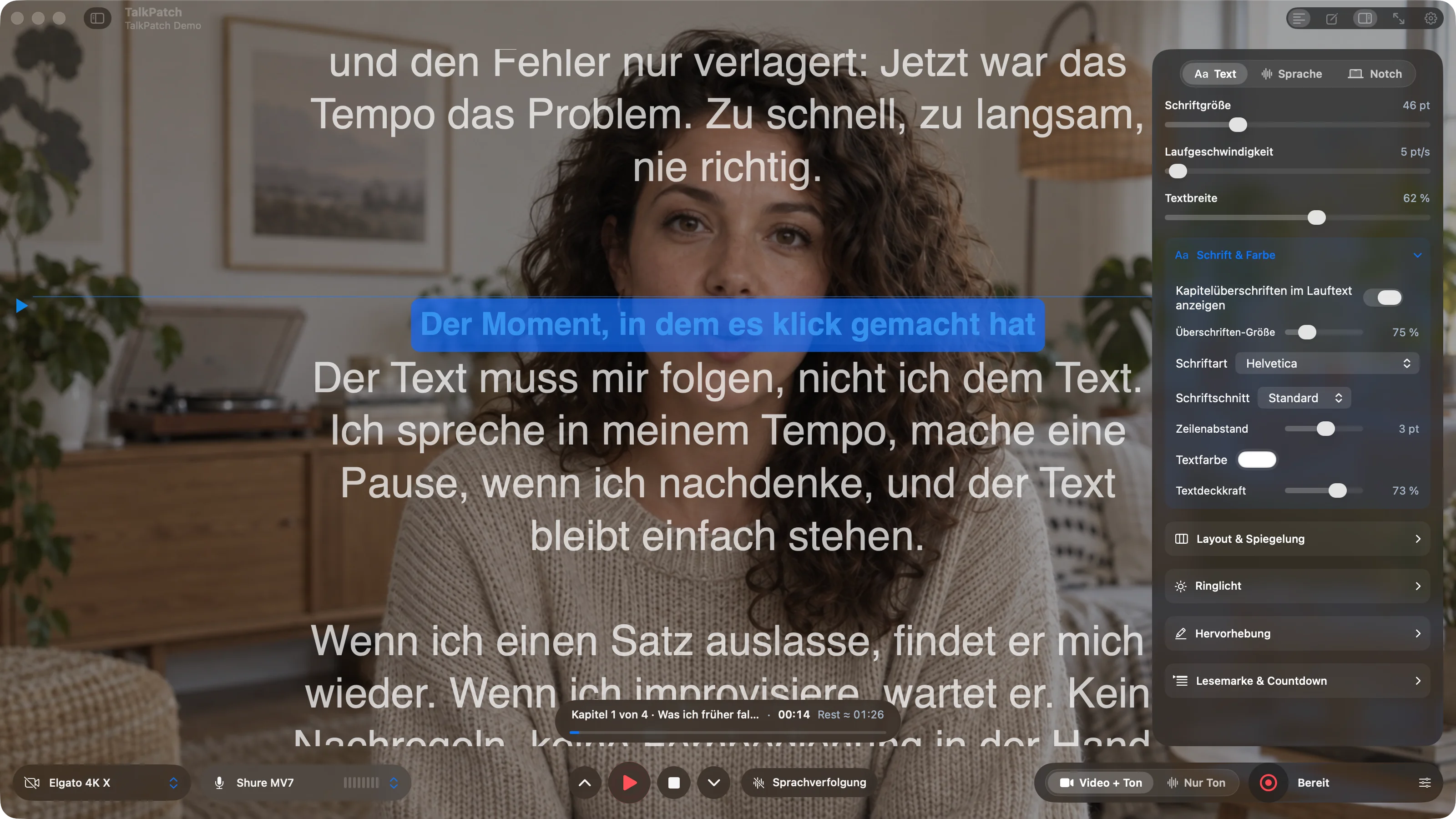 Inspector „Text“: Schriftgröße, Laufgeschwindigkeit, Textbreite, Schrift & Farbe, Layout & Spiegelung, Ringlicht, Hervorhebung, Lesemarke & Countdown