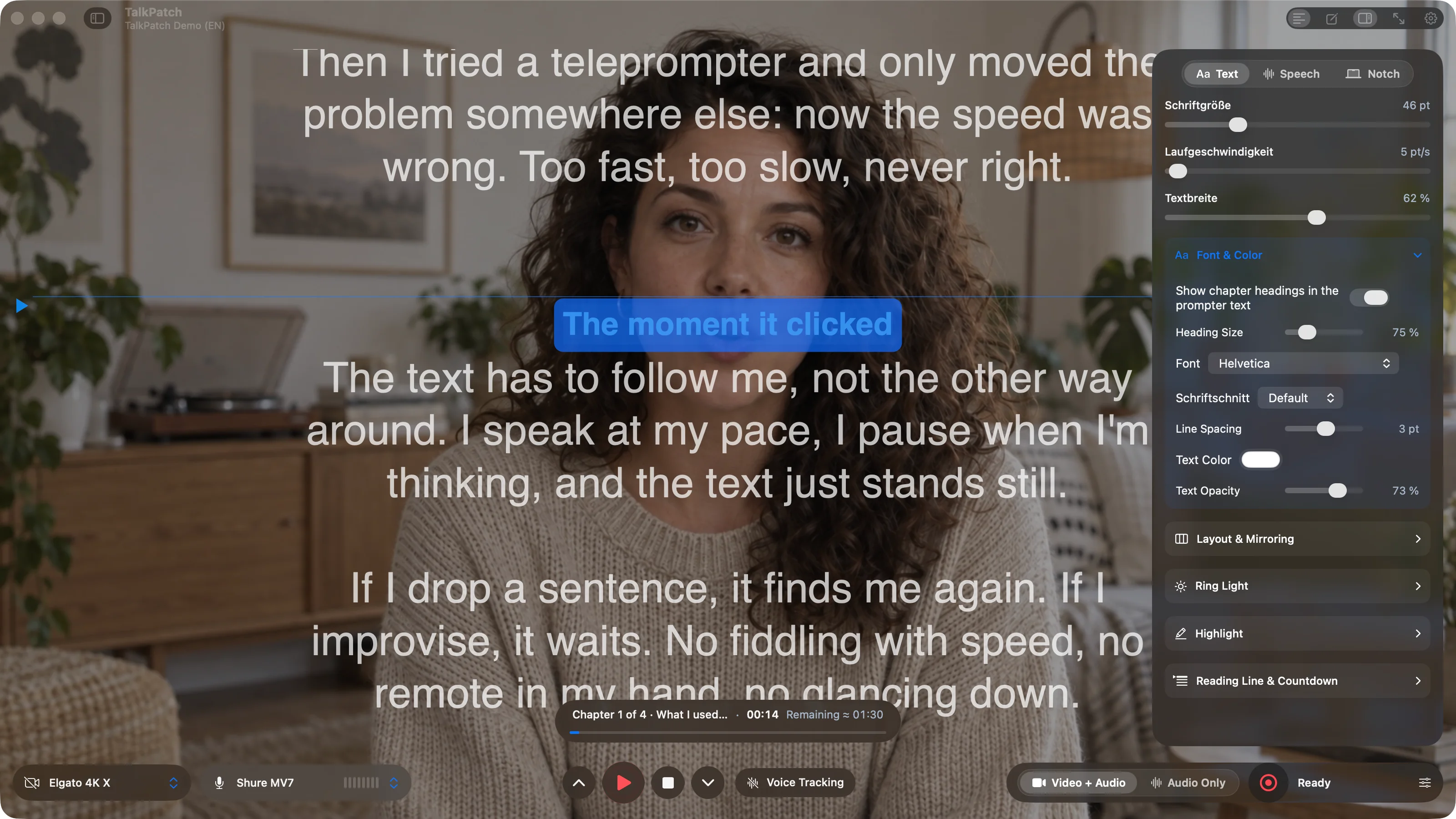 Inspector "Text": font size, scroll speed, text width, font and color, layout and mirroring, ring light, highlighting, reading line and countdown