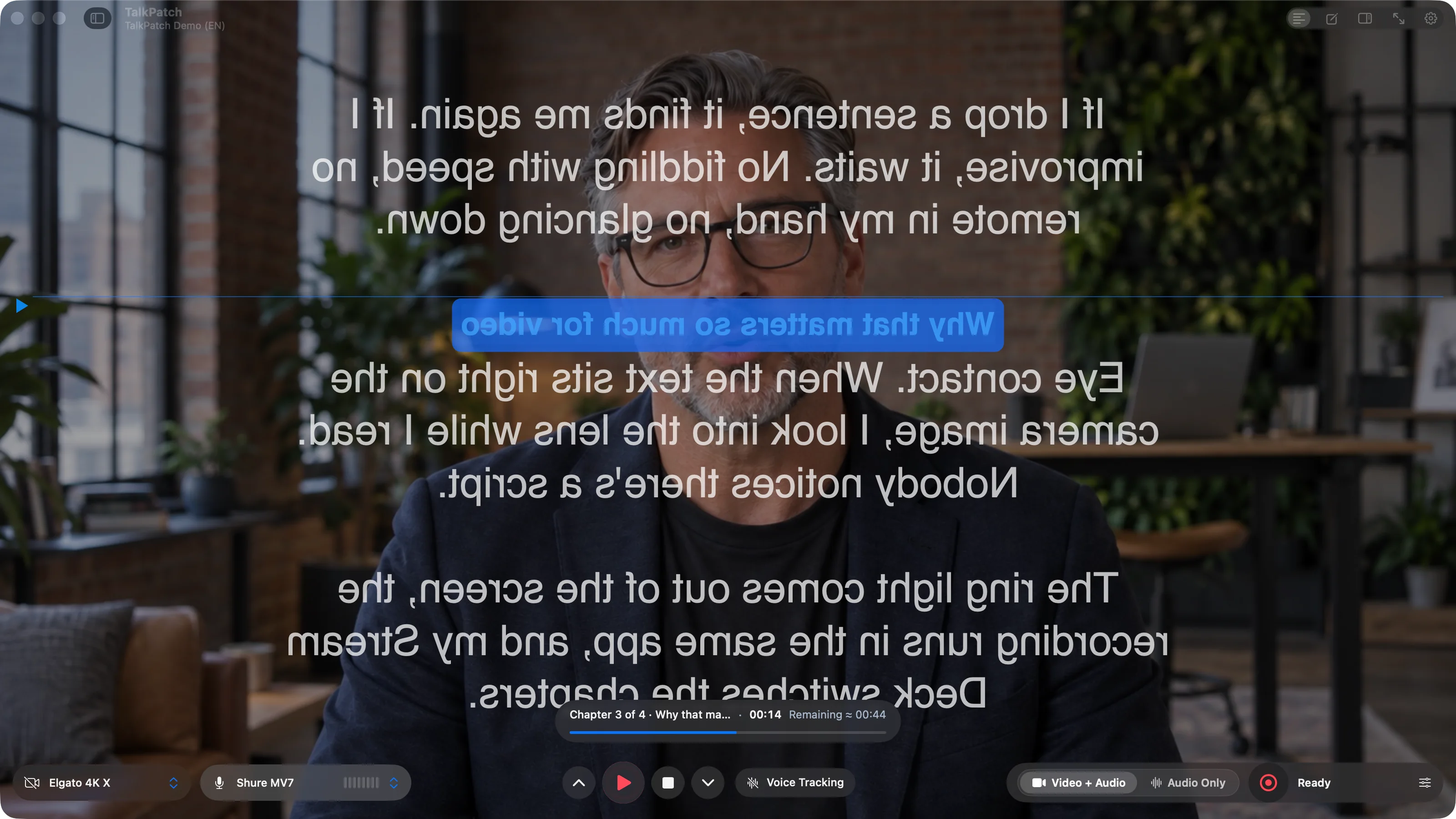Horizontally flipped prompter text over the camera image, the way a teleprompter mirror in front of the lens needs it