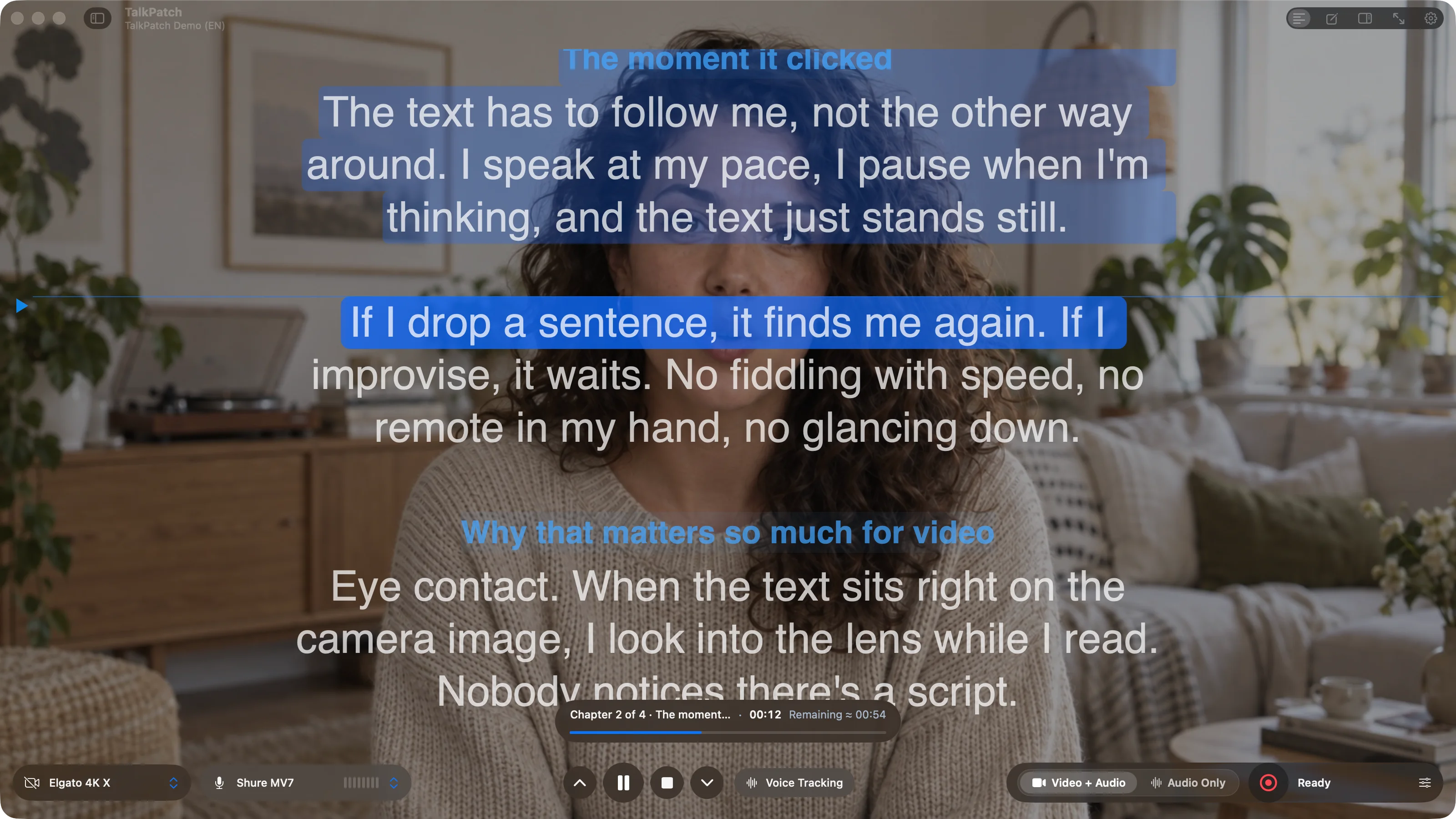 Voice tracking running: what you have said is highlighted, the reading line follows your voice